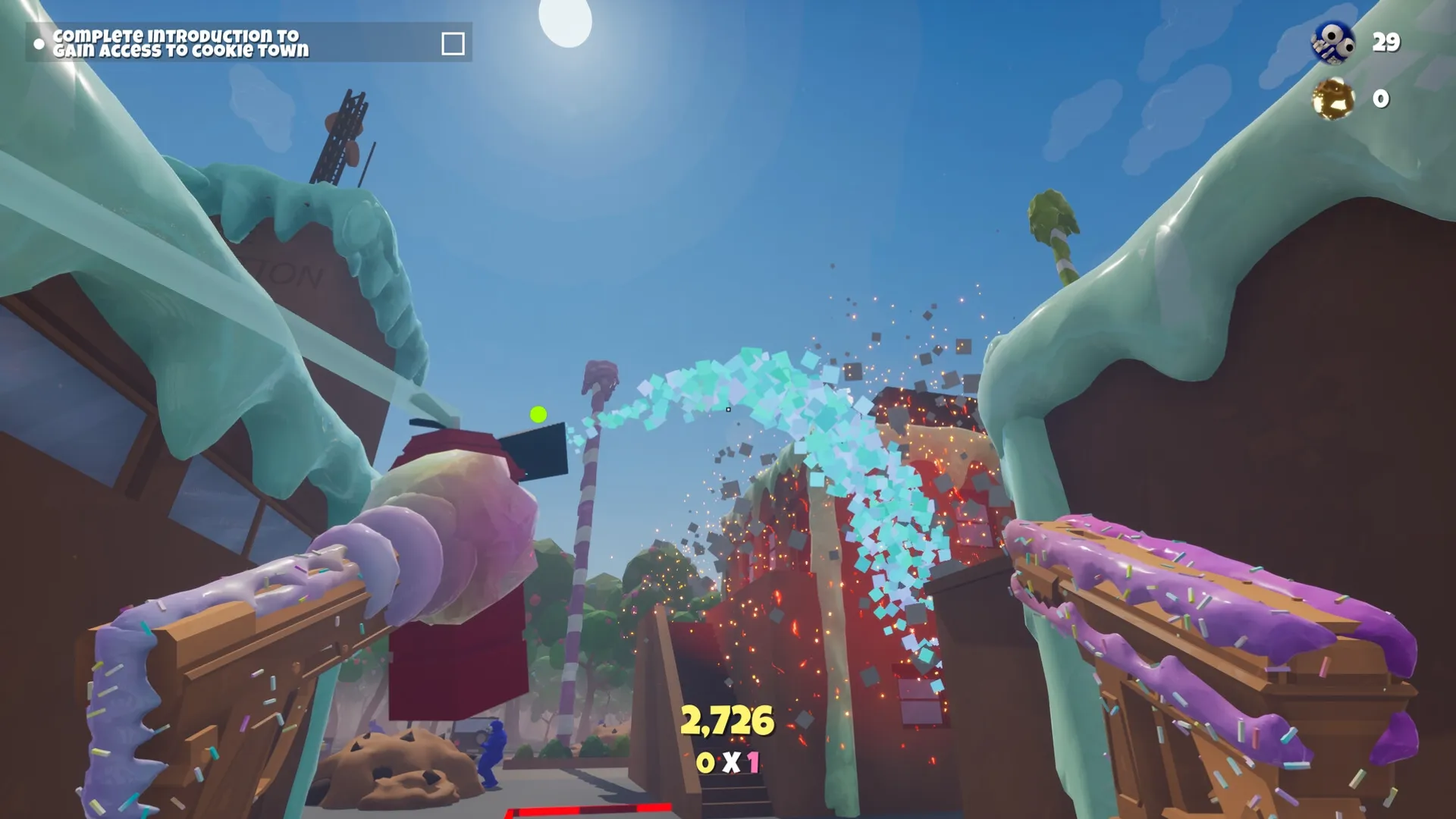 Trouble in Cookie Town: Dual-wielding candy guns in sugary street with colorful explosion effects