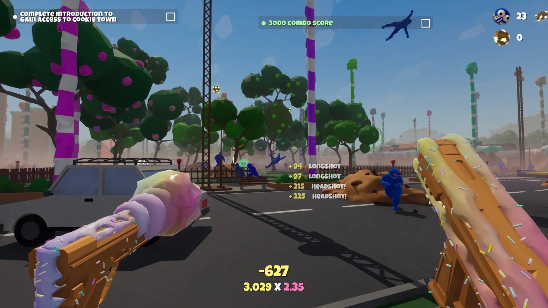 Trouble in Cookie Town: Player uses sprinkle-covered weapon against blue monsters in dessert-themed street