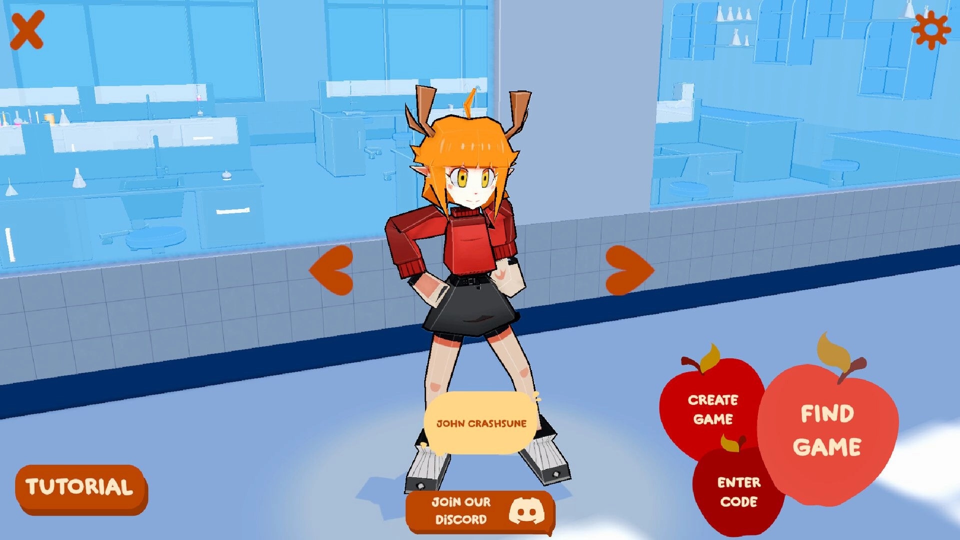 Trouble on Campus: Character select lobby with student avatar and Create/Find Game buttons in lab hall.