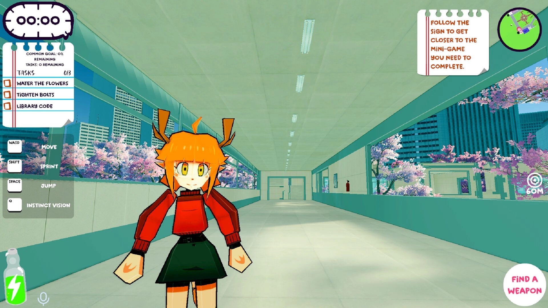 Trouble on Campus: Avatar in school hallway with task list UI, minimap, and mini-game hint note.