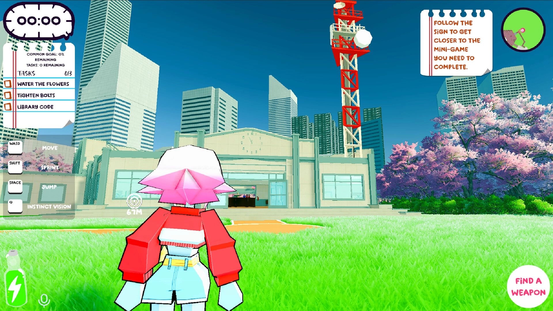 Trouble on Campus: Player in pink hat faces schoolyard, task list and mini-game hint UI visible.