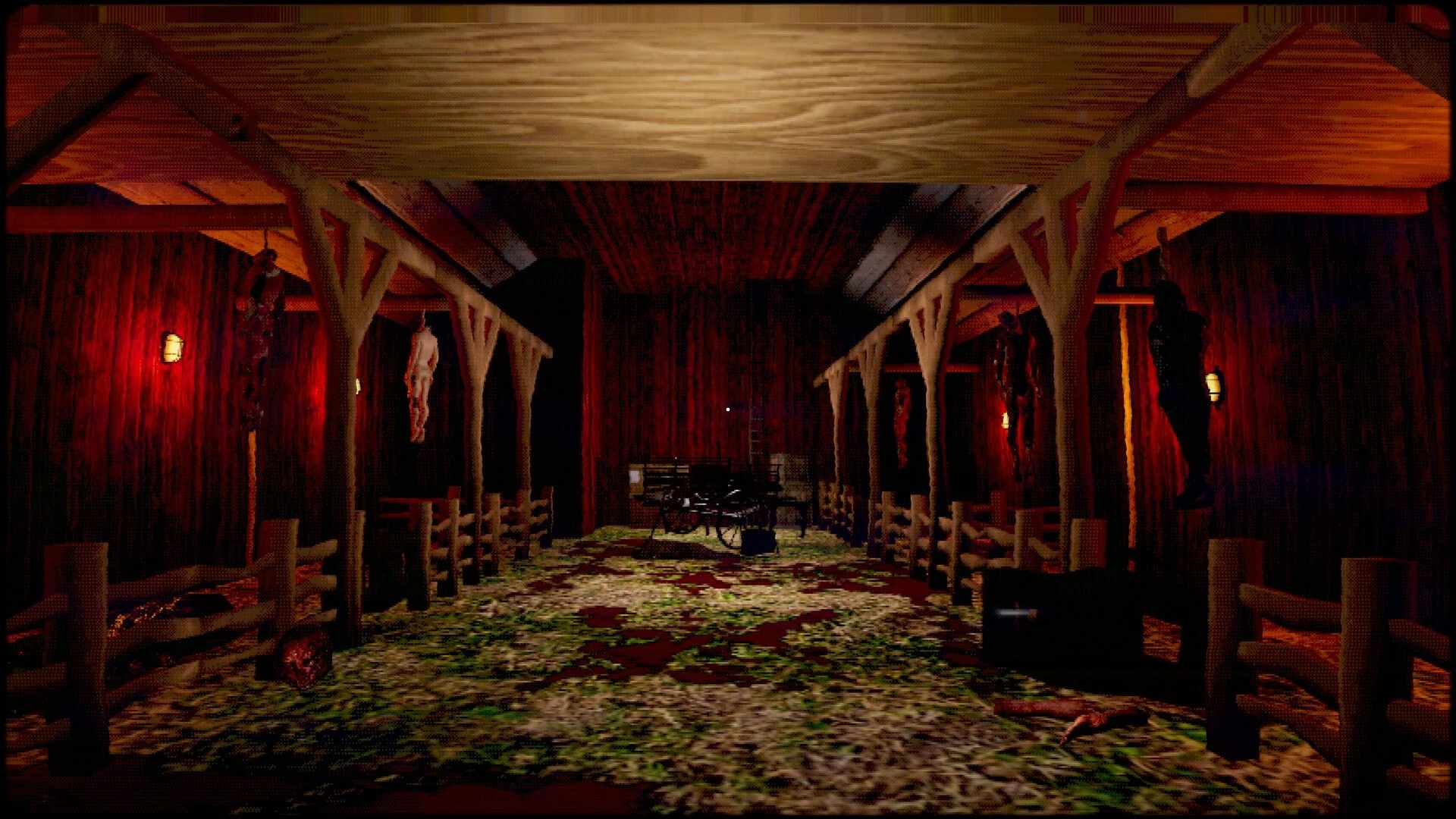 TROX-THE REVERSAL: Dimly lit barn interior with hanging figures and scattered debris on straw-covered floor.