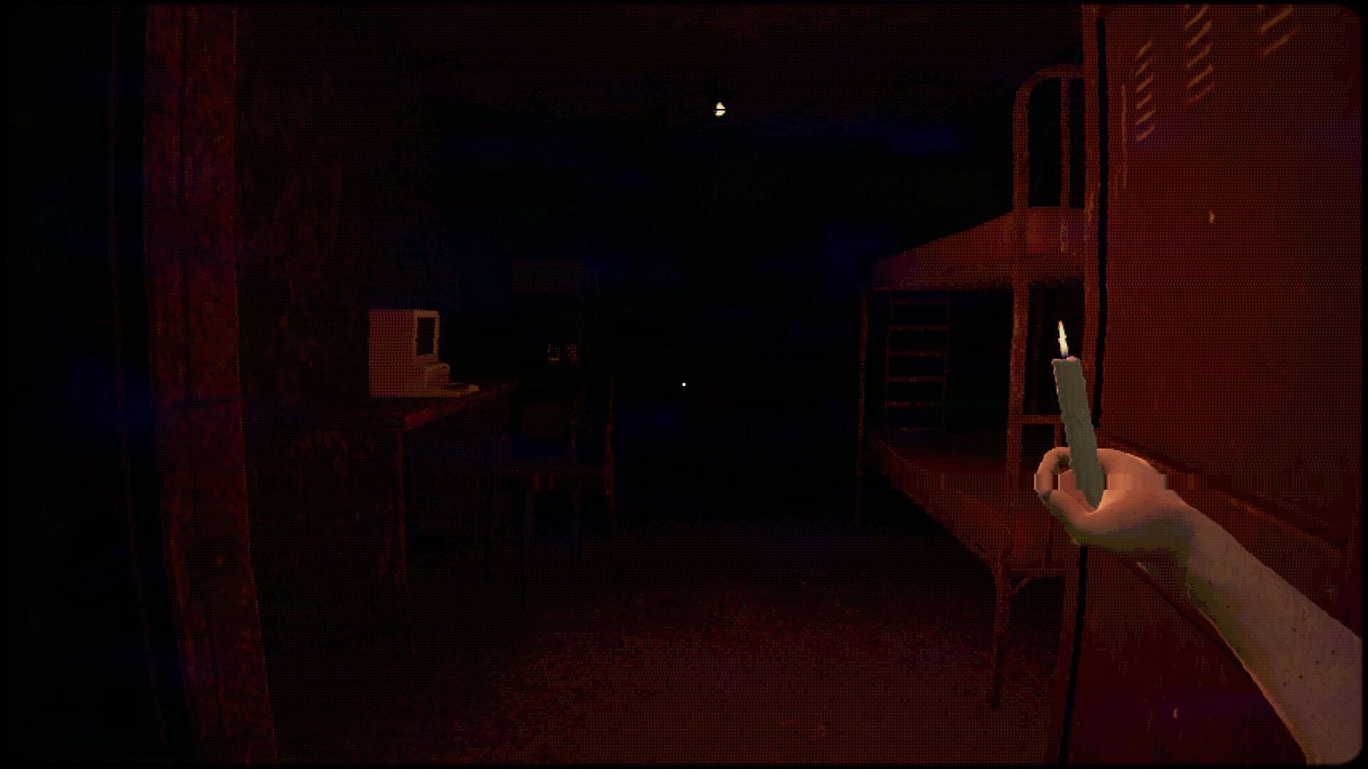 TROX-THE REVERSAL: Player holds candle in dim room with bunk beds and a computer on a desk