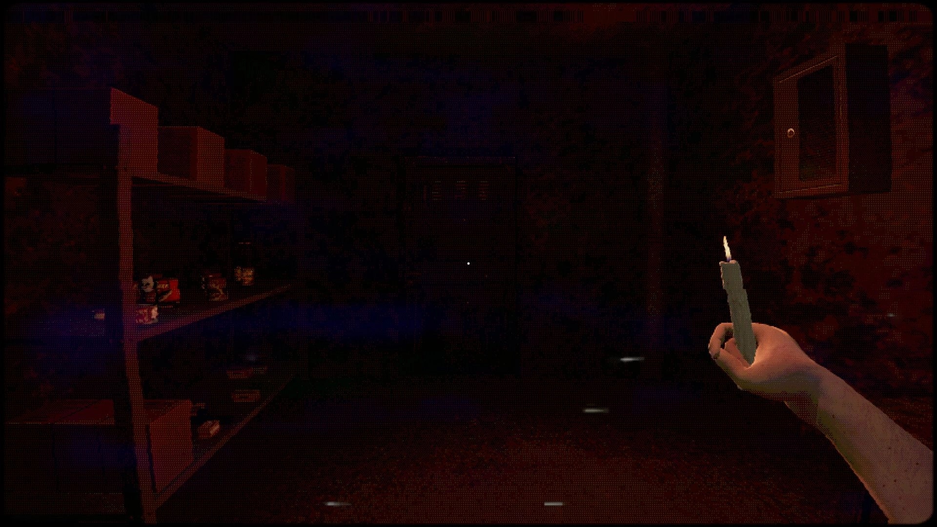 TROX-THE REVERSAL: Player holds candle in dimly lit storage room filled with shelves and boxes.