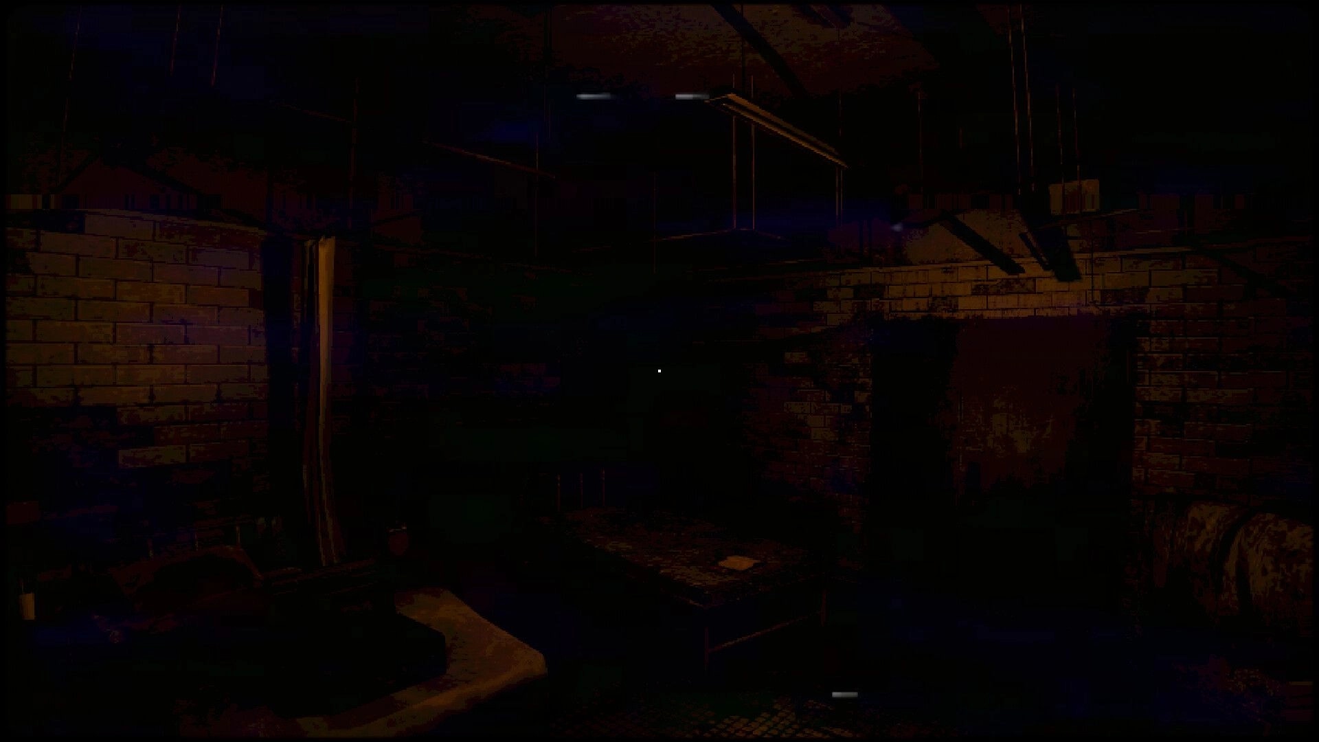 TROX-THE REVERSAL: Dimly lit brick-walled room with a bed and a small table in a shadowy environment.