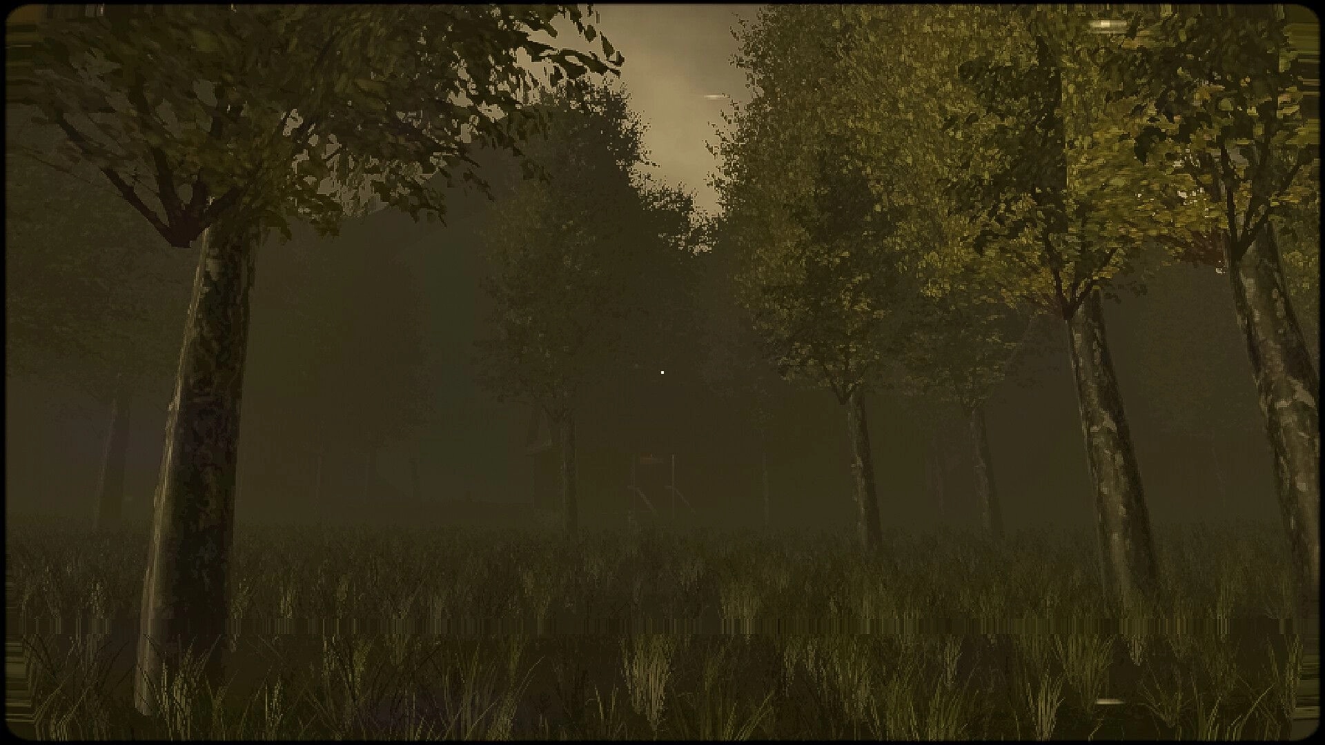 TROX-THE REVERSAL: Dense forest with tall trees and misty atmosphere creating an eerie, unsettling vibe
