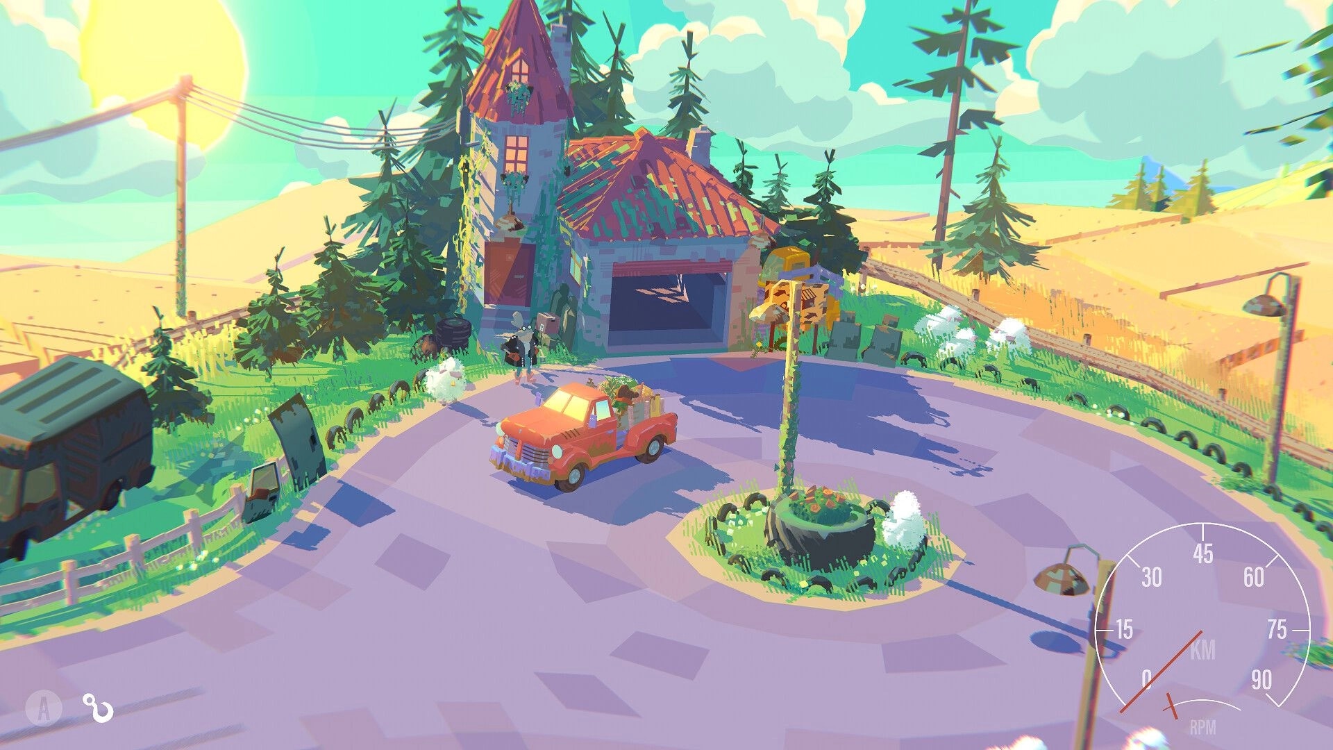Truckful: Red pickup truck parked by a rustic house in a sunny countryside setting with speedometer UI.