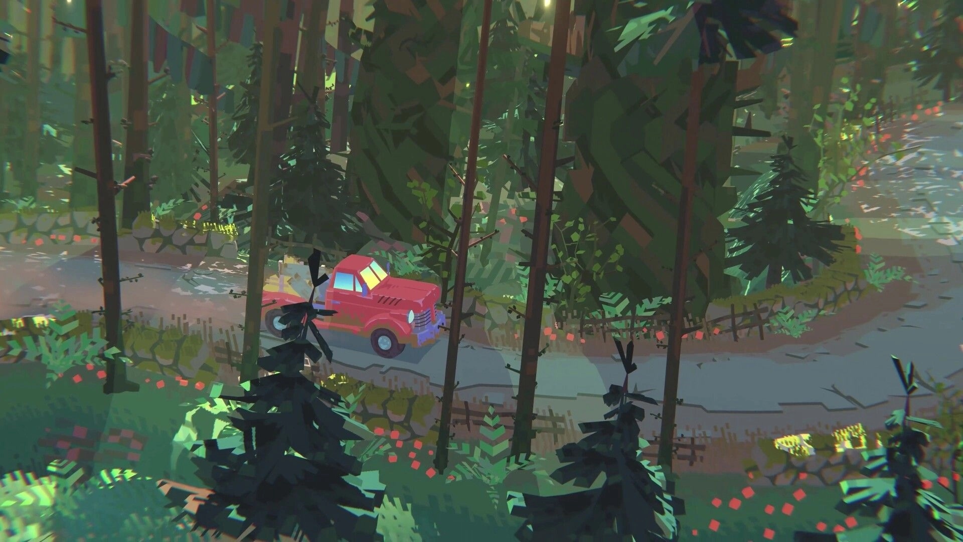 Truckful: Red pickup truck navigating forested path surrounded by dense, vibrant greenery