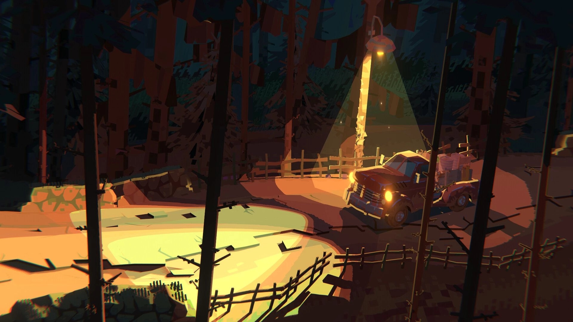 Truckful: Pickup truck with glowing headlights parked on forest road under a streetlamp at night