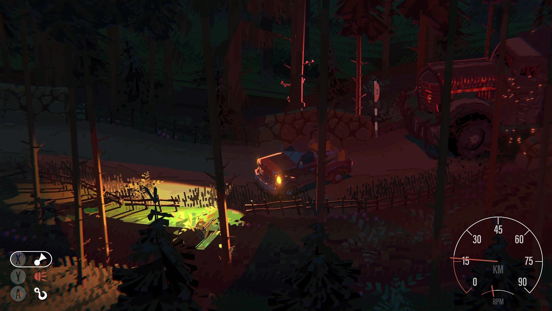 Truckful: Pickup truck navigating dark forest road with UI speedometer and glowing headlights visible
