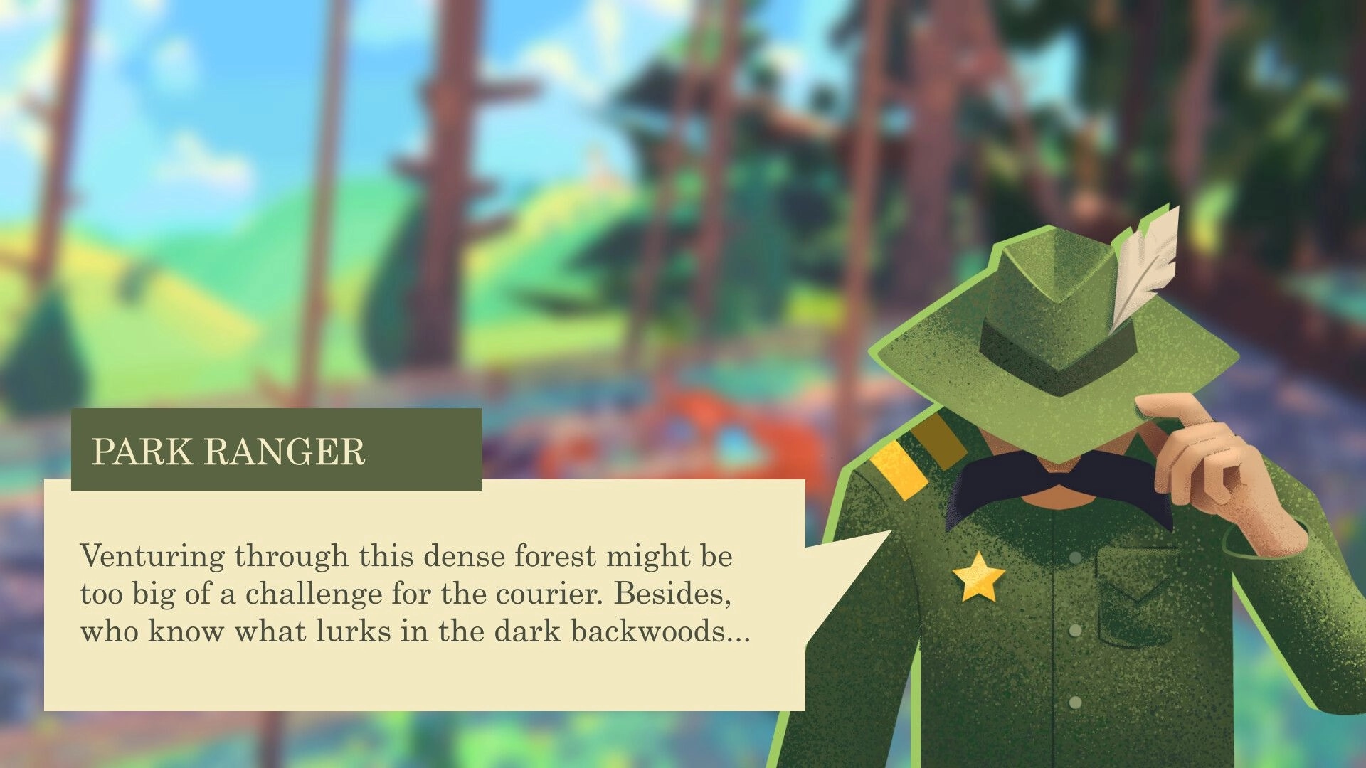 Truckful: Park Ranger character gives advice in lush forest setting with dialogue box displayed