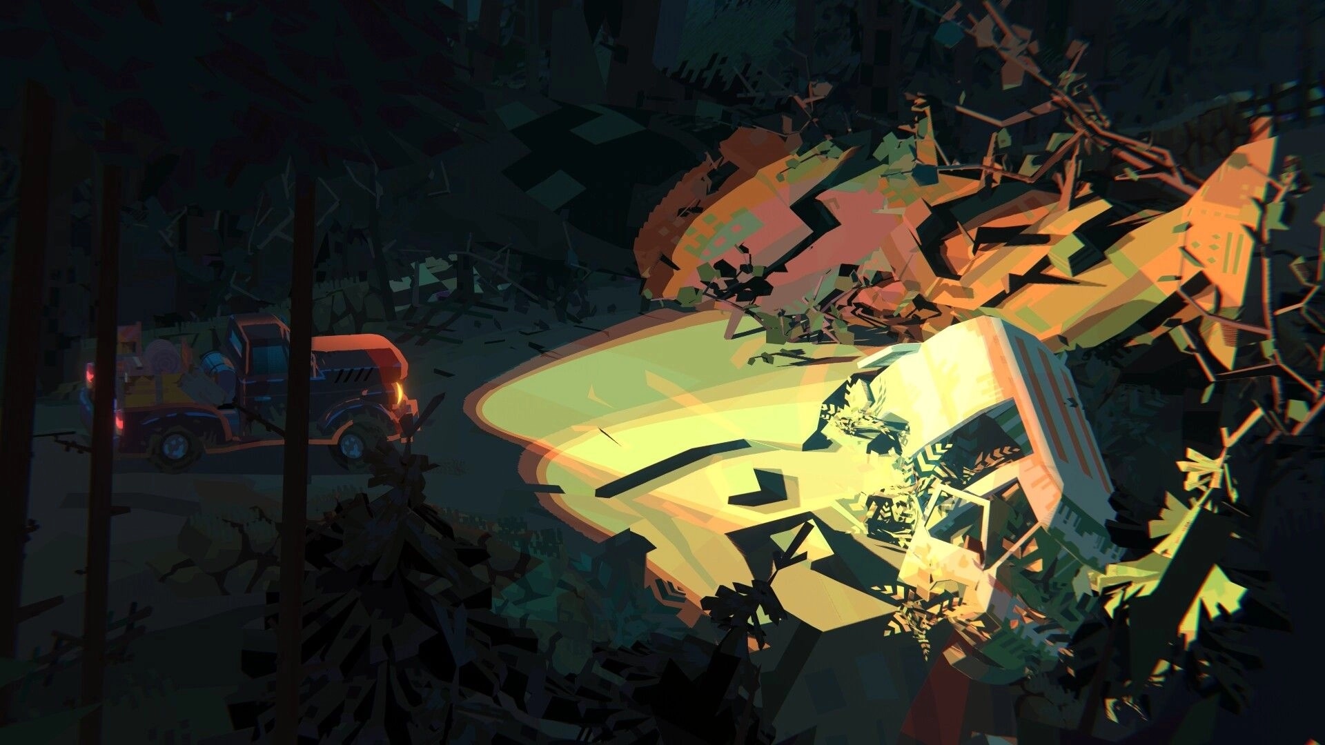 Truckful: Pickup truck approaches mysterious glowing crash site in dark forest setting