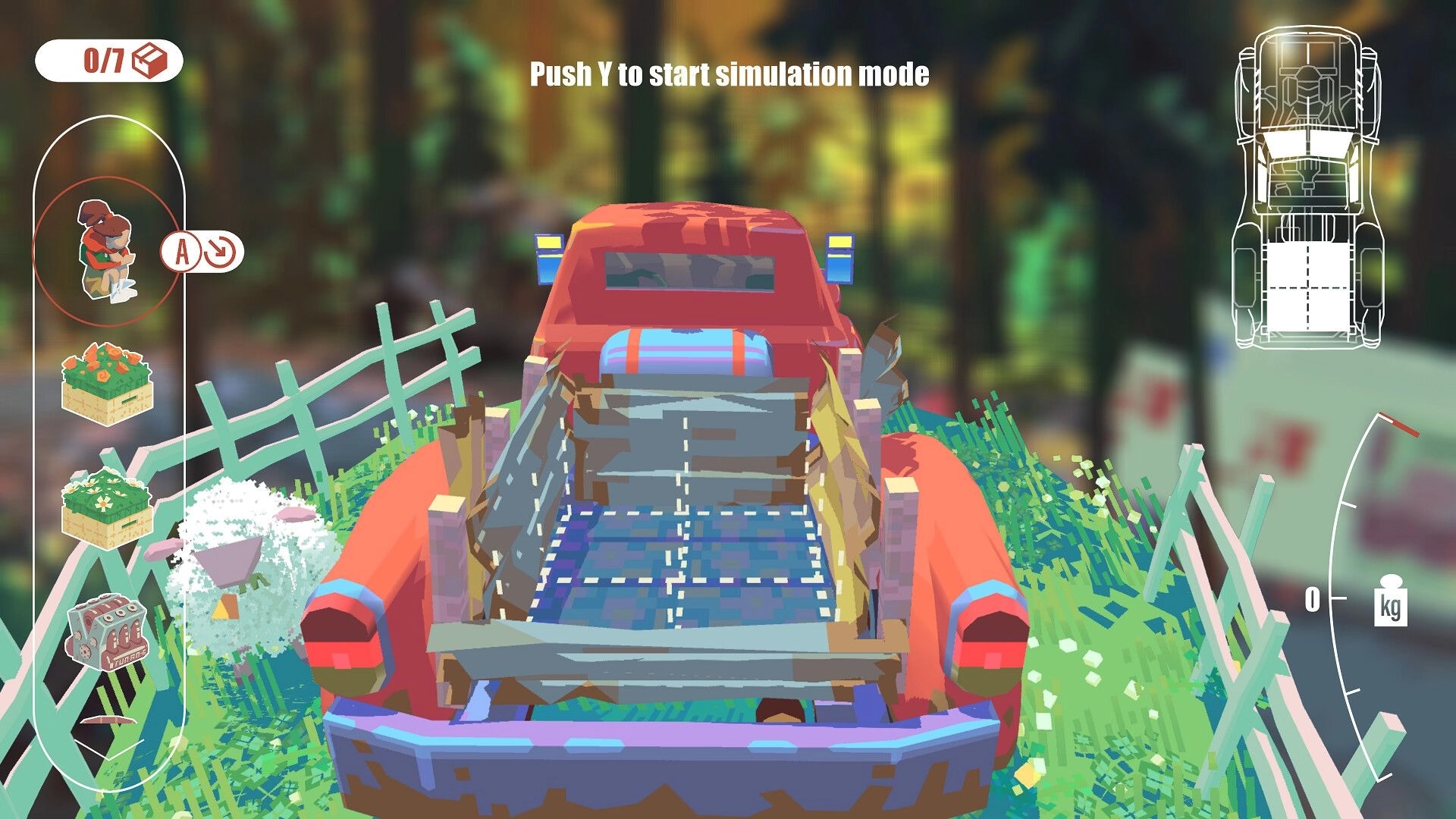 Truckful: Red pickup truck in grassy field with UI showing cargo options and simulation start prompt