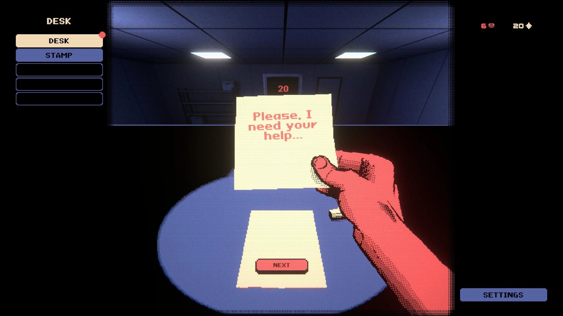 Trust The System: Hand holds note reading Please, I need your help at desk UI with Stamp tab open.