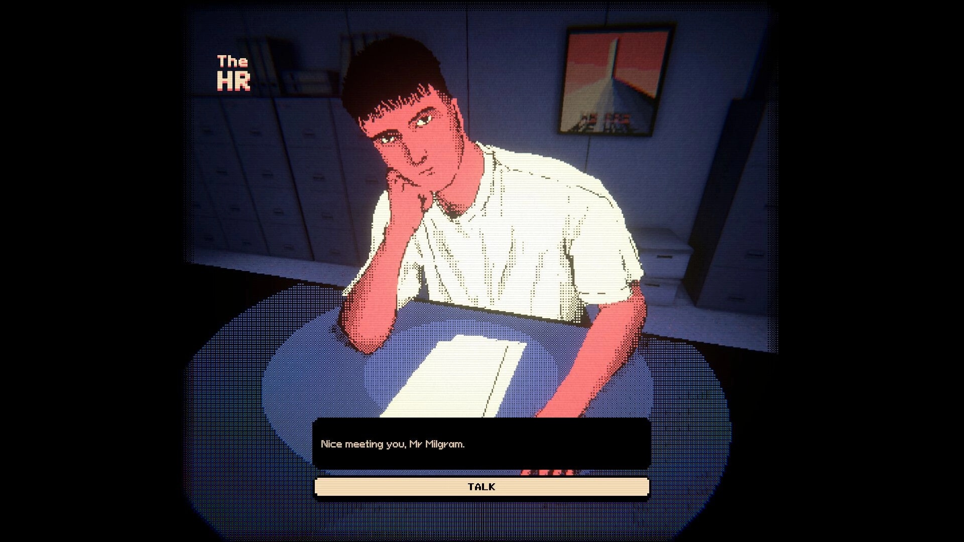 Trust The System: HR interview dialogue with seated man at desk in office, TALK button visible.