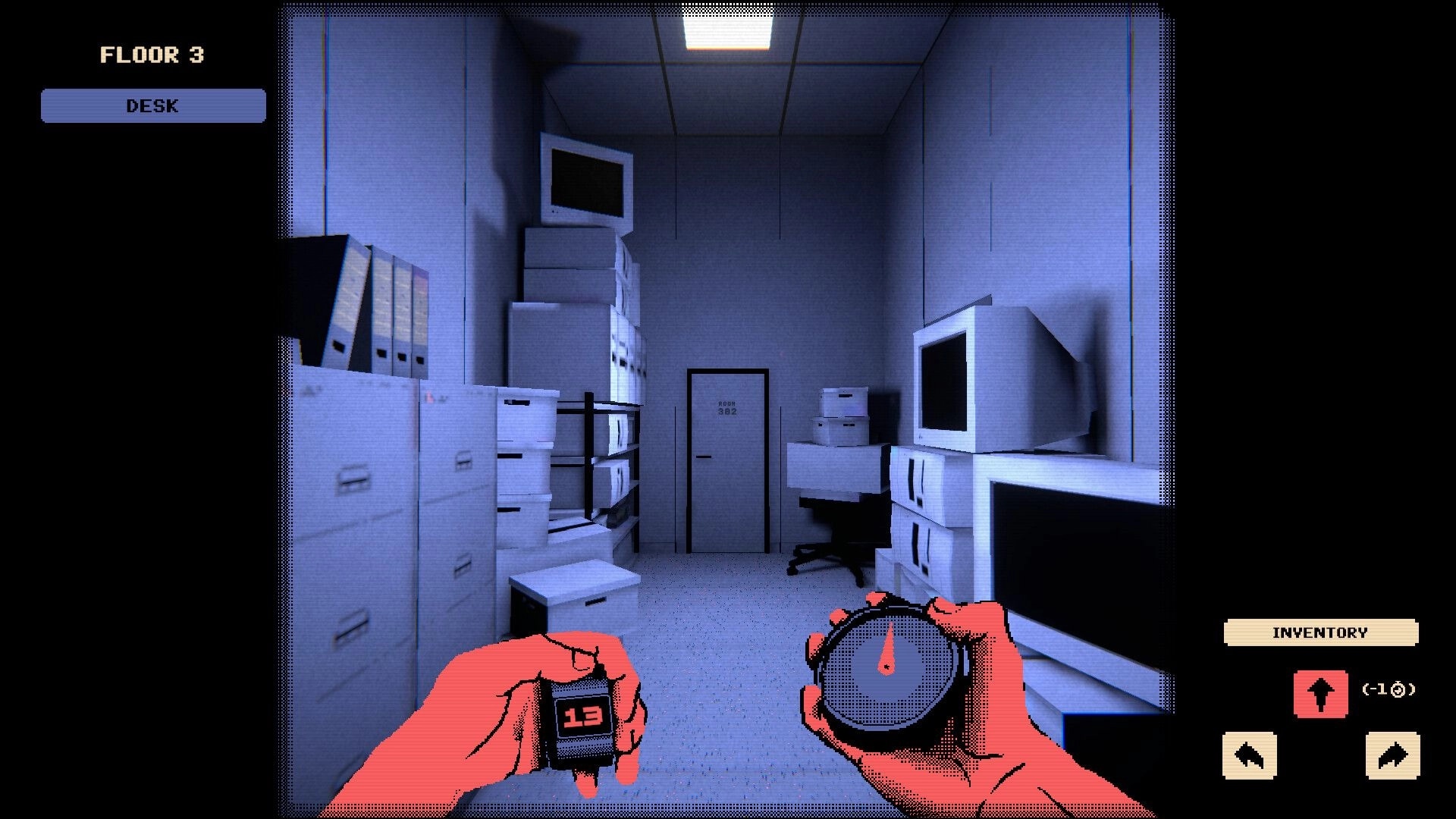 Trust The System: First-person view holding a counter and compass in Floor 3 office storage room UI.