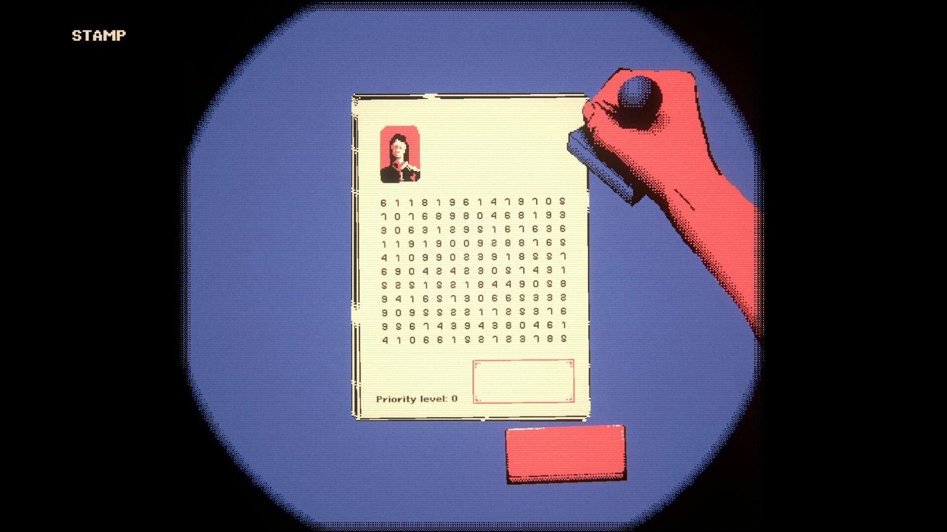 Trust The System: Hand holds stamp over numbered dossier page on desk, STAMP prompt and priority 0 UI.