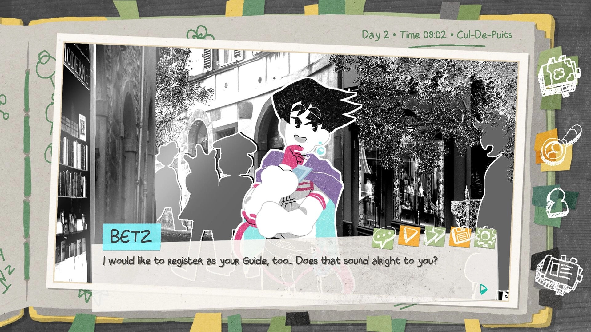Truth Scrapper: Betz speaks in dialogue UI on a black-and-white street scene with choice icons below.