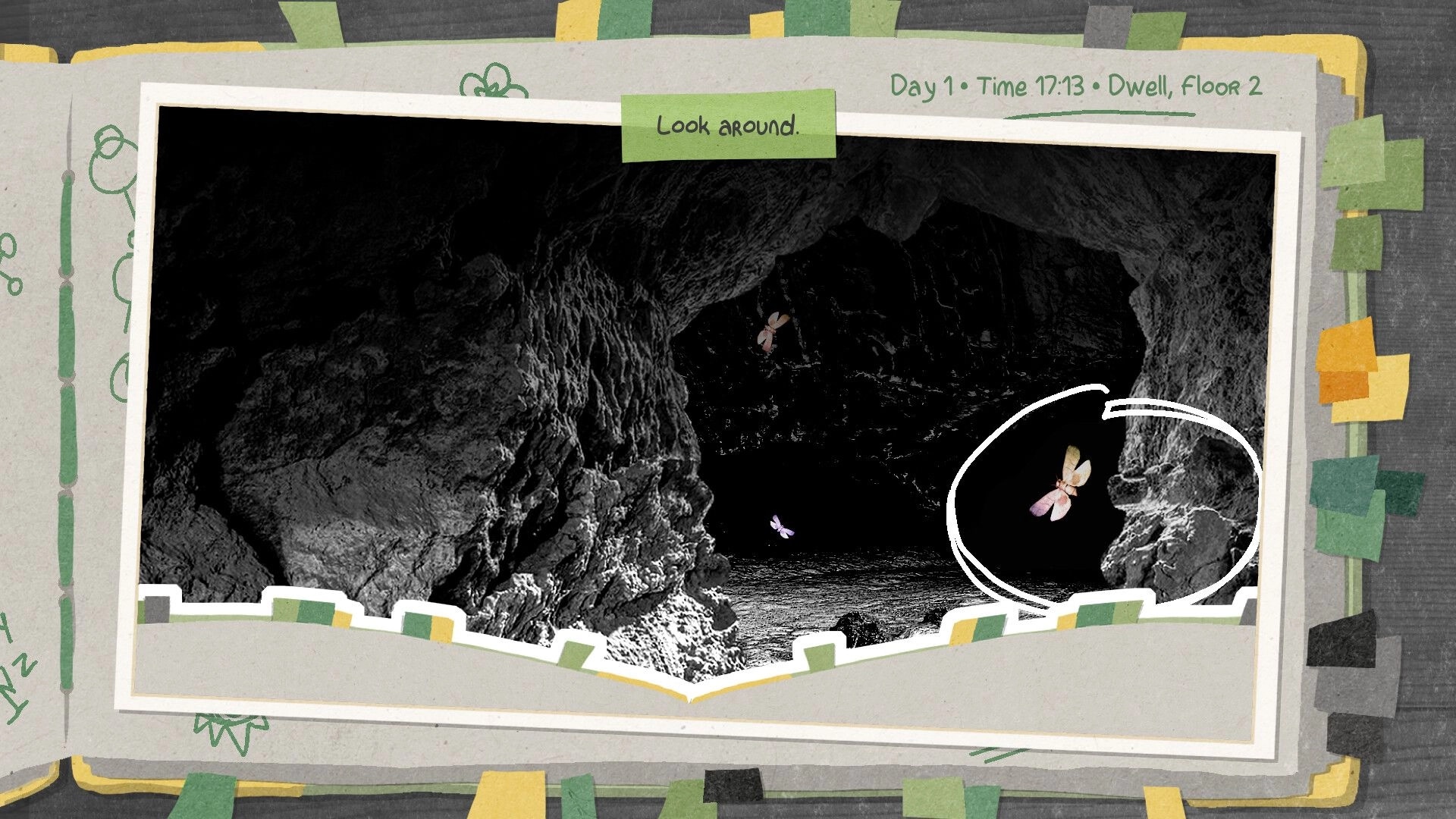 Truth Scrapper: Look around prompt over cave photo, butterflies circled, with day/time location header.