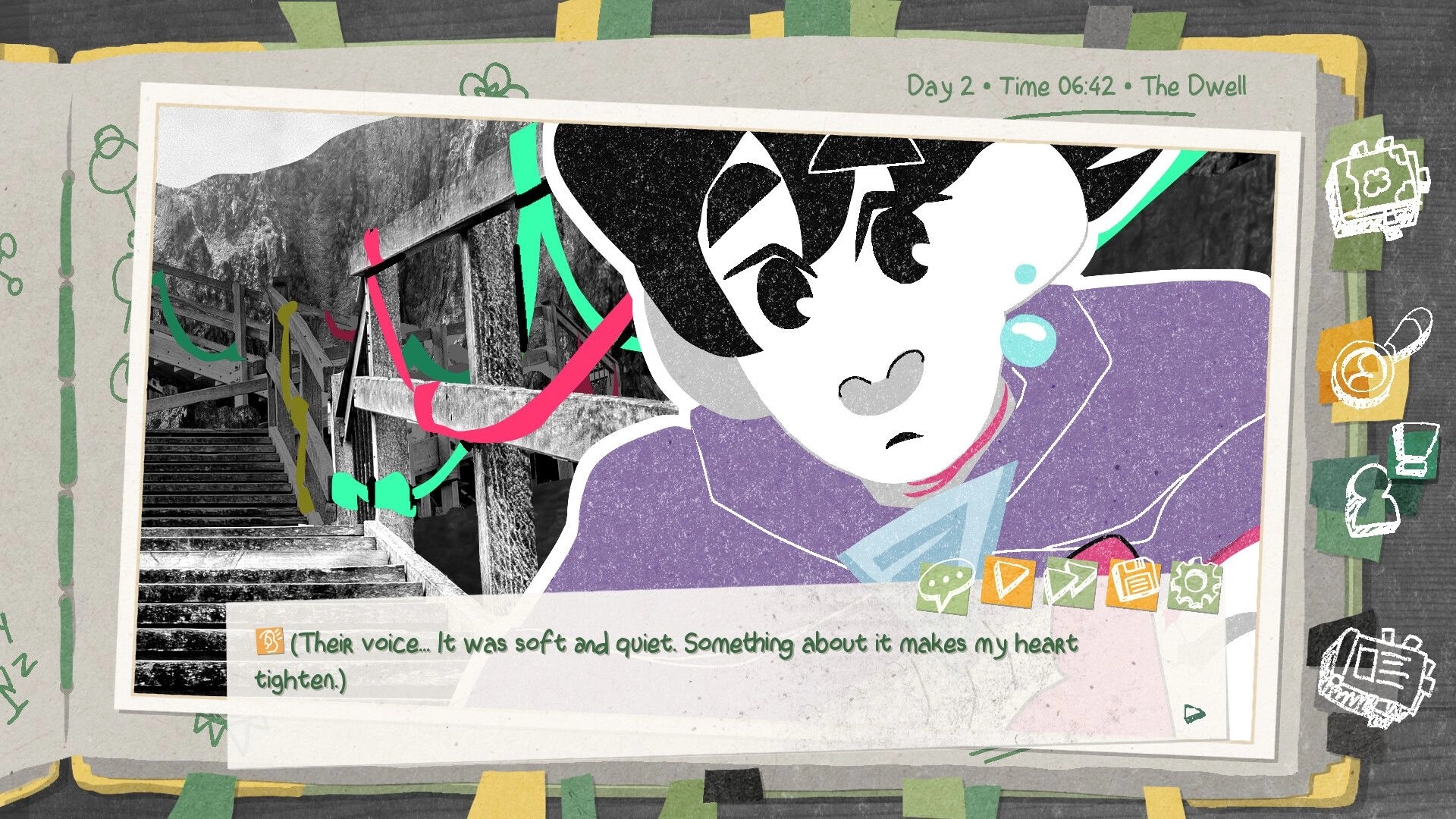 Truth Scrapper: Close-up of a stylized character over wooden stairs, dialogue box and icons UI visible.