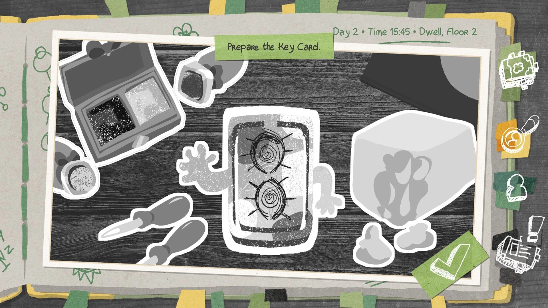 Truth Scrapper: Puzzle to prepare a key card on a desk, with tools, ink pad, and checkmark UI.