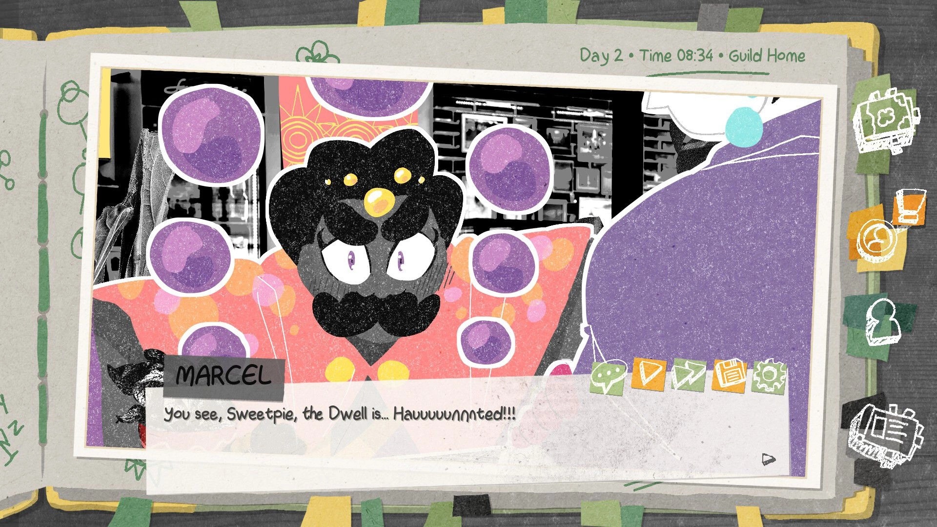 Truth Scrapper: Marcel speaks in dialogue box, purple orbs float over portrait at Guild Home UI.