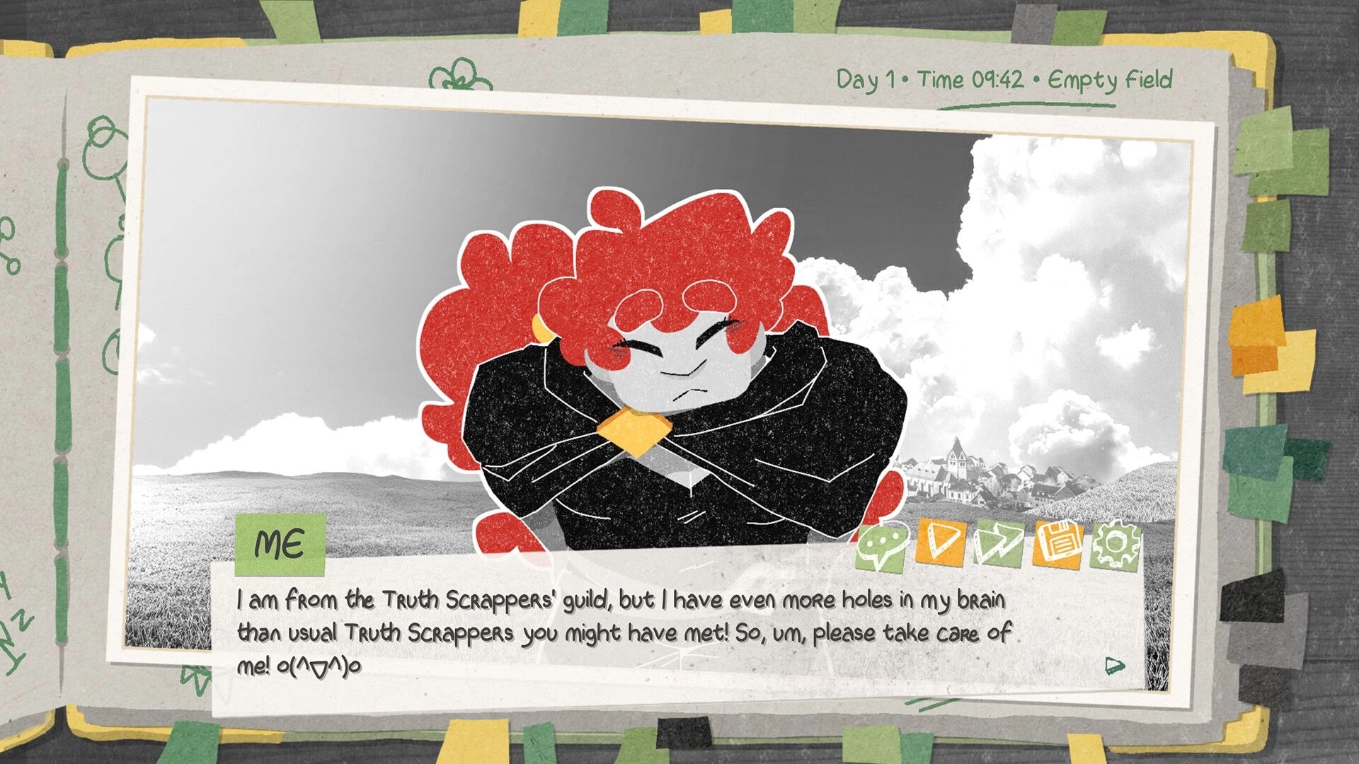 Truth Scrapper: Red-haired guide speaks in dialogue box over a cloudy field scene with UI icons below.