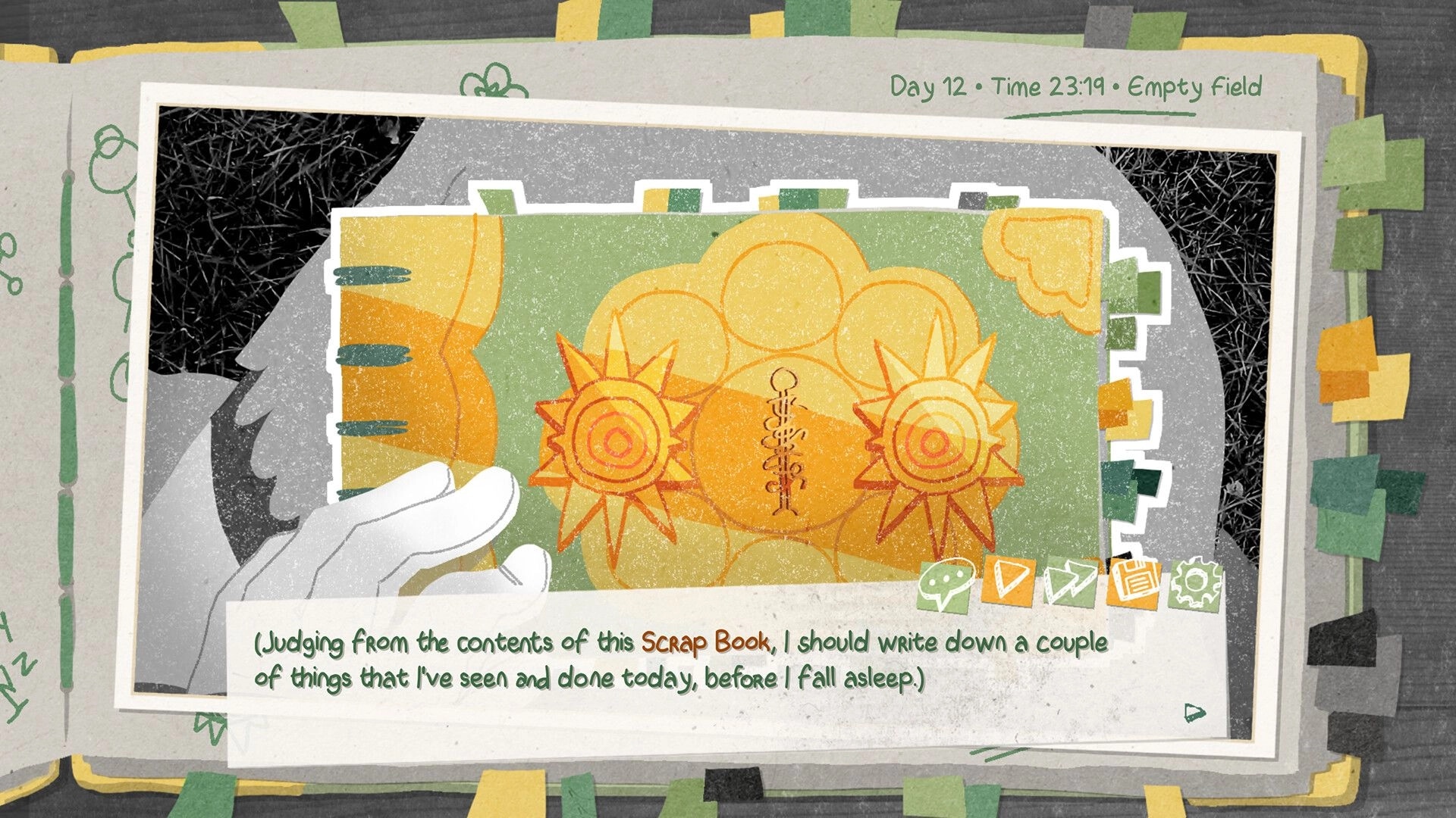Truth Scrapper: Scrapbook page with abstract sun sketches and dialogue box, Day 12 empty field UI.