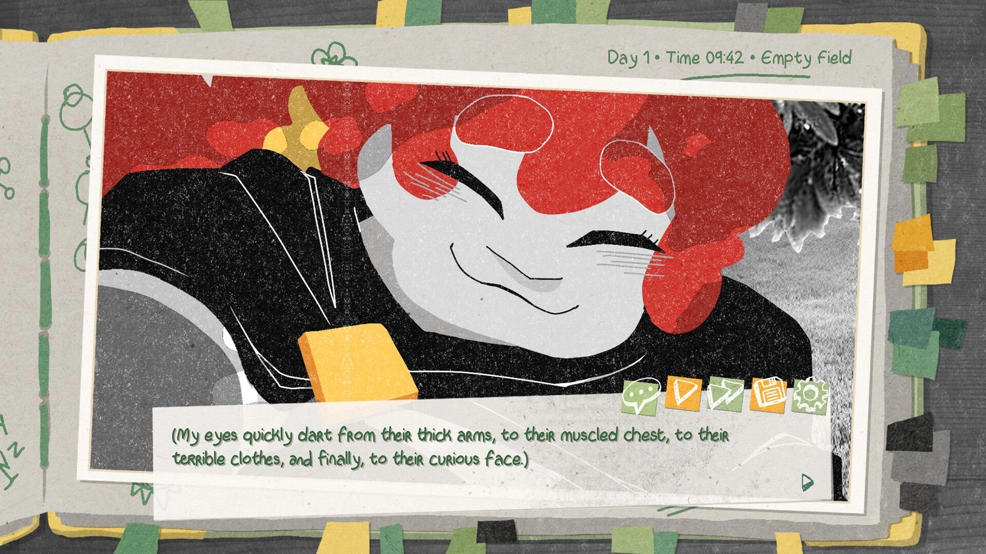 Truth Scrapper: Close-up of a red-haired figure smiling, with dialogue box and choice UI icons below.