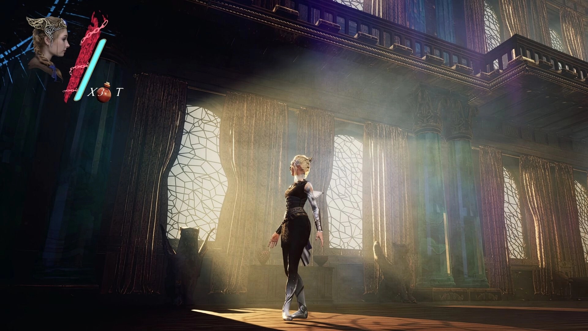 Tsarevna: Elegant character stands poised in sunlit hall with stained glass windows and ornate columns.
