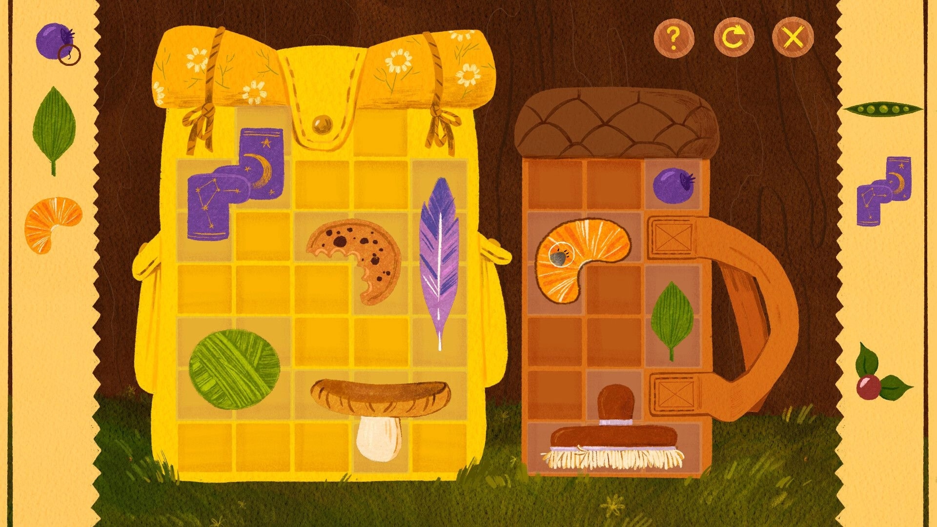 Tukoni: Inventory management screen showing items like feathers, mushrooms, and leaves in a forest setting.