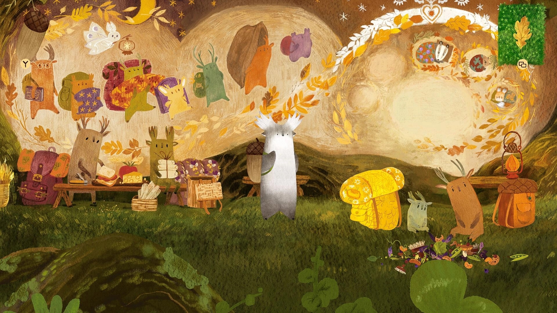 Tukoni: Forest spirit meeting creatures at a cozy campsite with backpacks and a glowing lantern