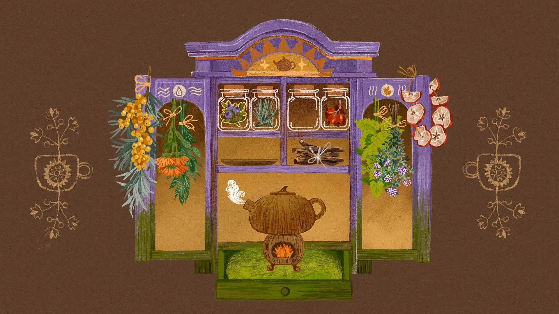 Tukoni: Herbal cabinet with hanging plants and steaming teapot in cozy, magical forest setting.
