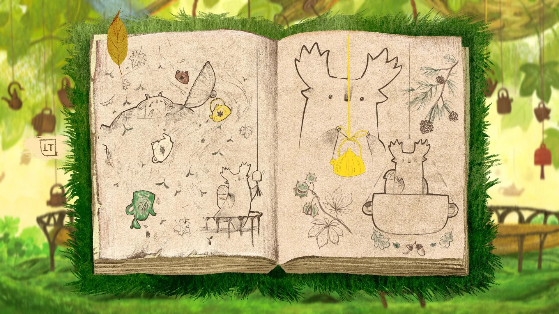 Tukoni: Illustrated open book with forest spirit sketches in a lush, green magical forest environment.