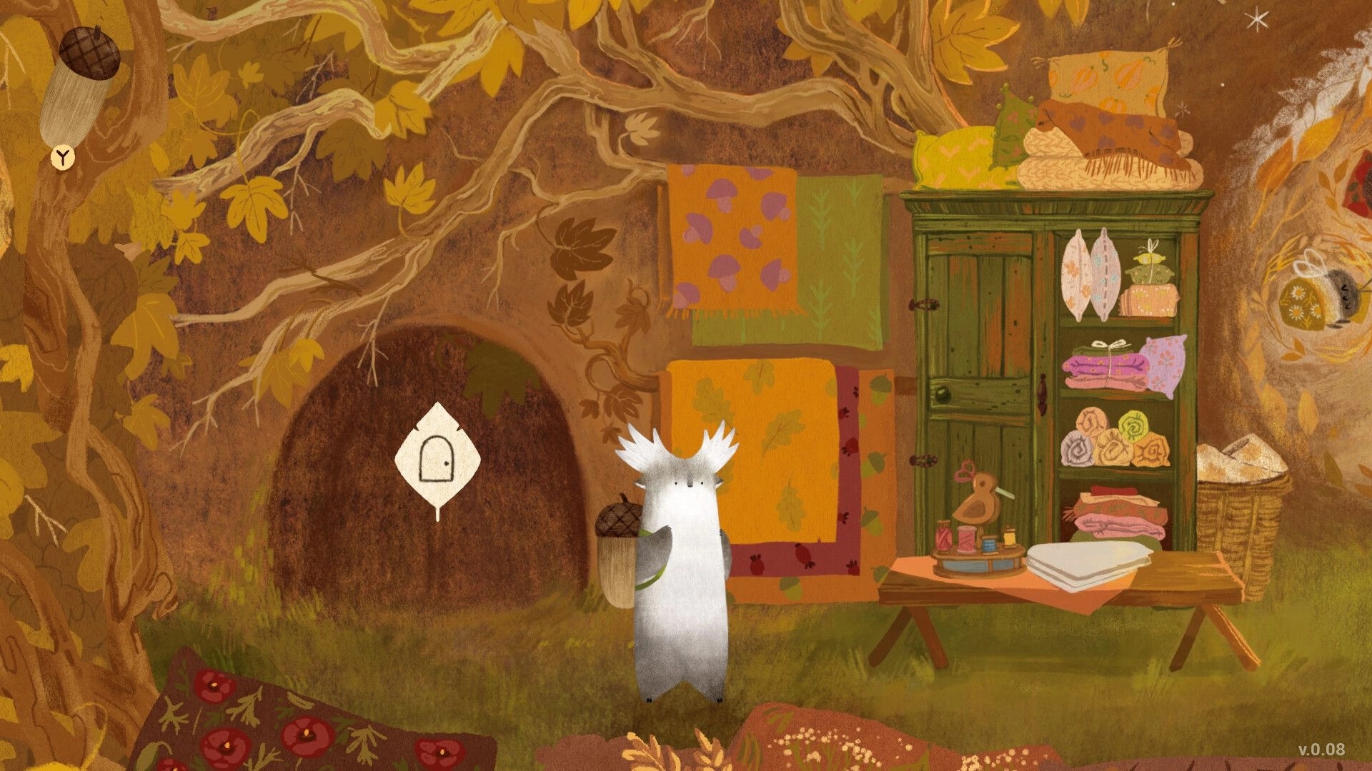 Tukoni: Forest spirit Tukoni stands by a cozy tree home with colorful textiles and a wooden cabinet.