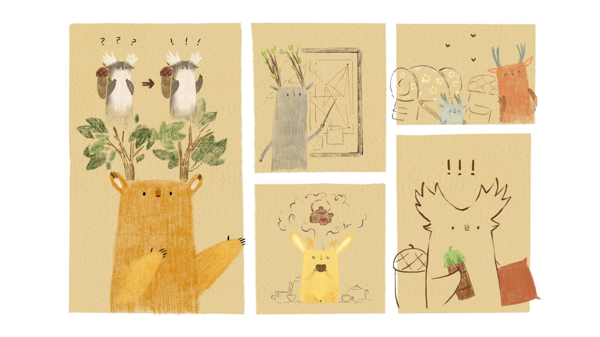 Tukoni: Forest spirit characters interacting and pondering in a whimsical, hand-drawn comic panel style.