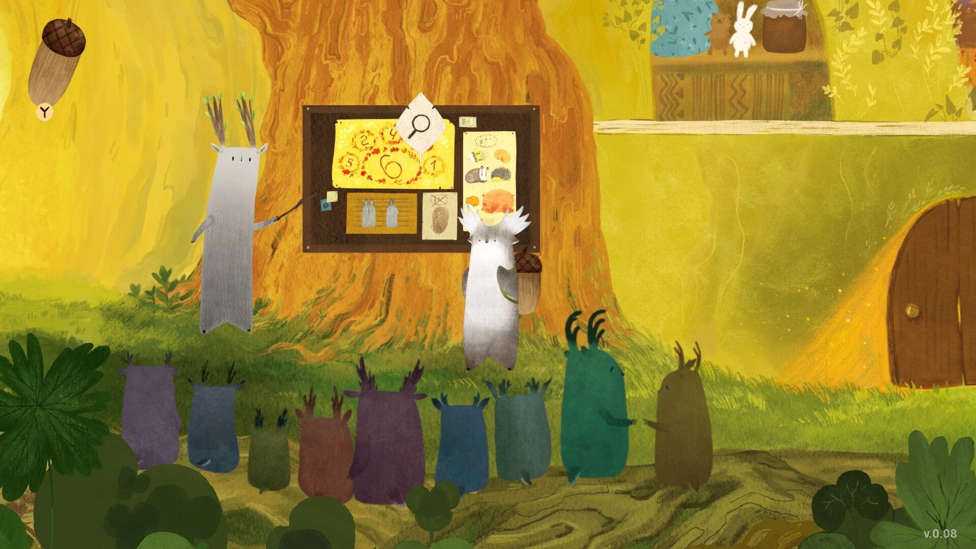 Tukoni: Forest spirit shows map while colorful creatures gather in front of a large tree bulletin board.