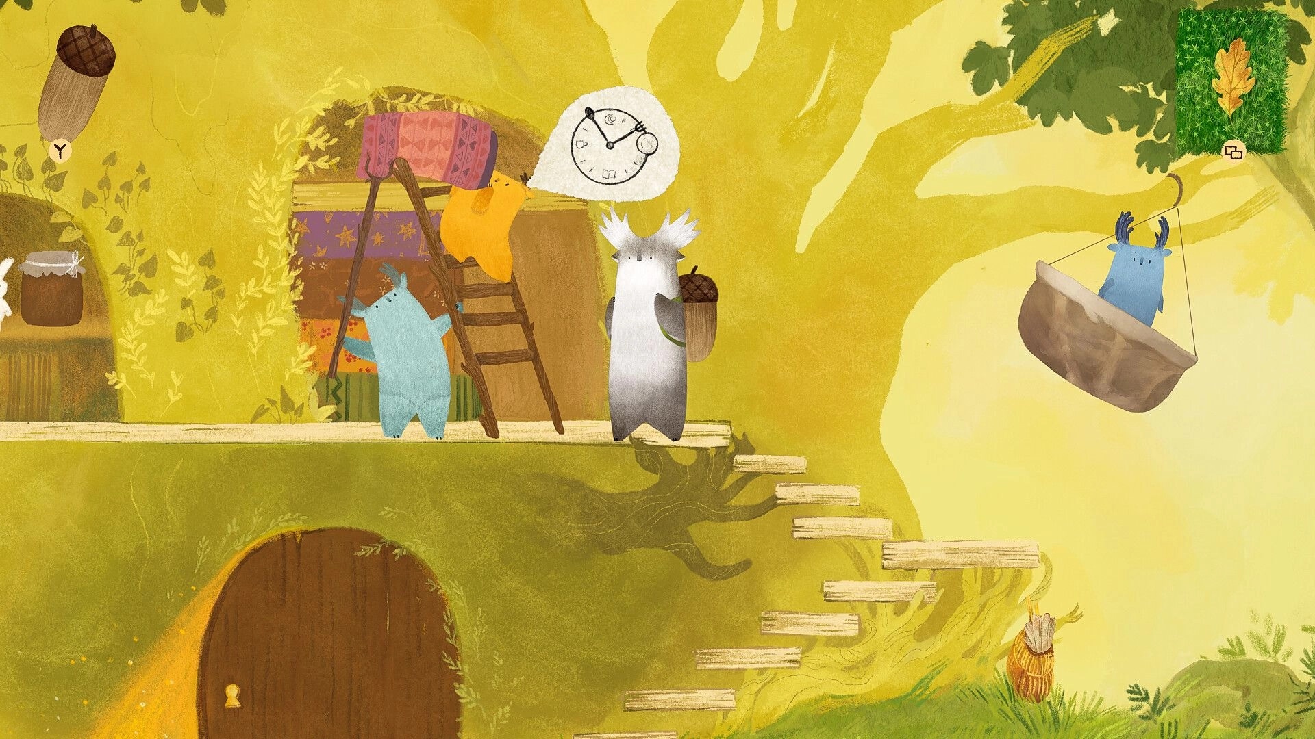 Tukoni: Forest spirits interact near a treehouse with acorn UI and a leaf in the tranquil forest setting.