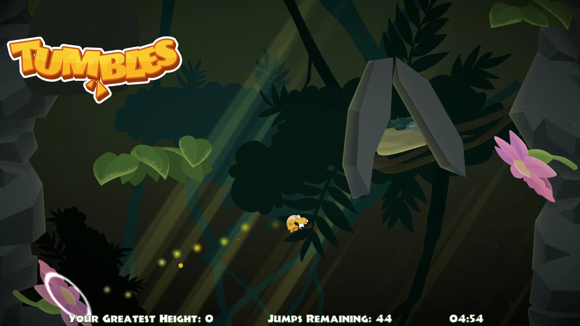 Tumbles: Flinging caterpillar through rainforest with jumps counter and timer on screen