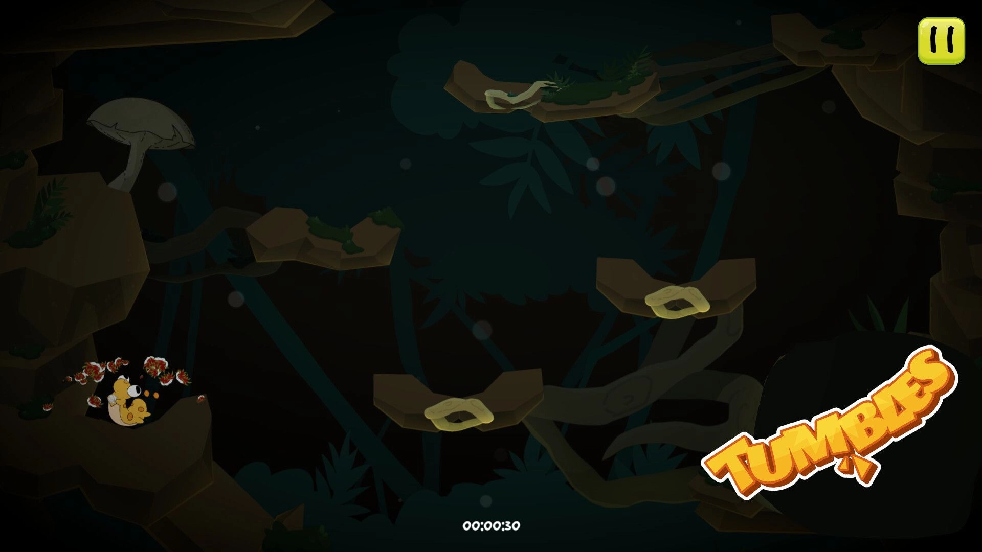 Tumbles: Caterpillar flings upwards in dark rainforest with platforms and timer visible at bottom center