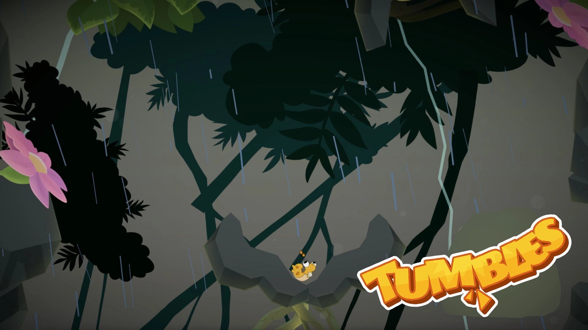 Tumbles: Caterpillar perched on a leaf in a rainy rainforest canopy with vibrant flowers nearby.