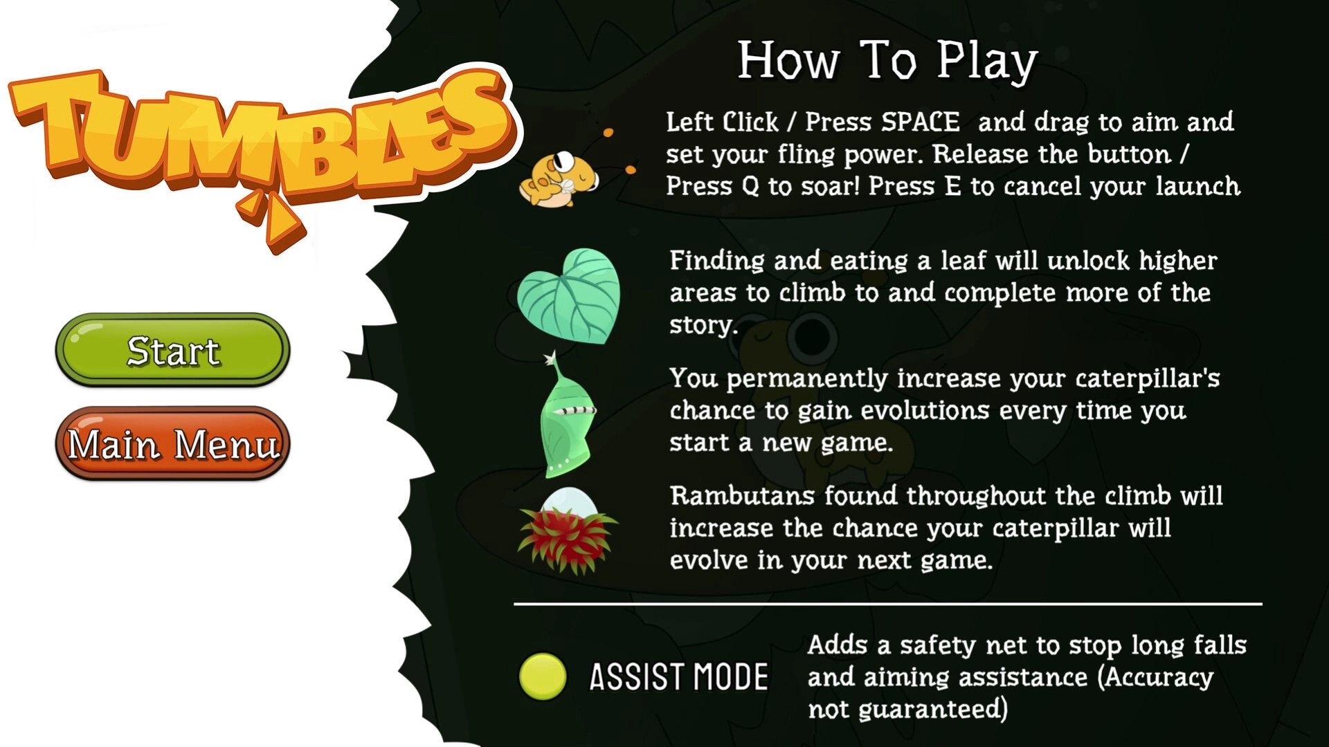 Tumbles: How to play guide with start button and assist mode option in rainforest-themed menu