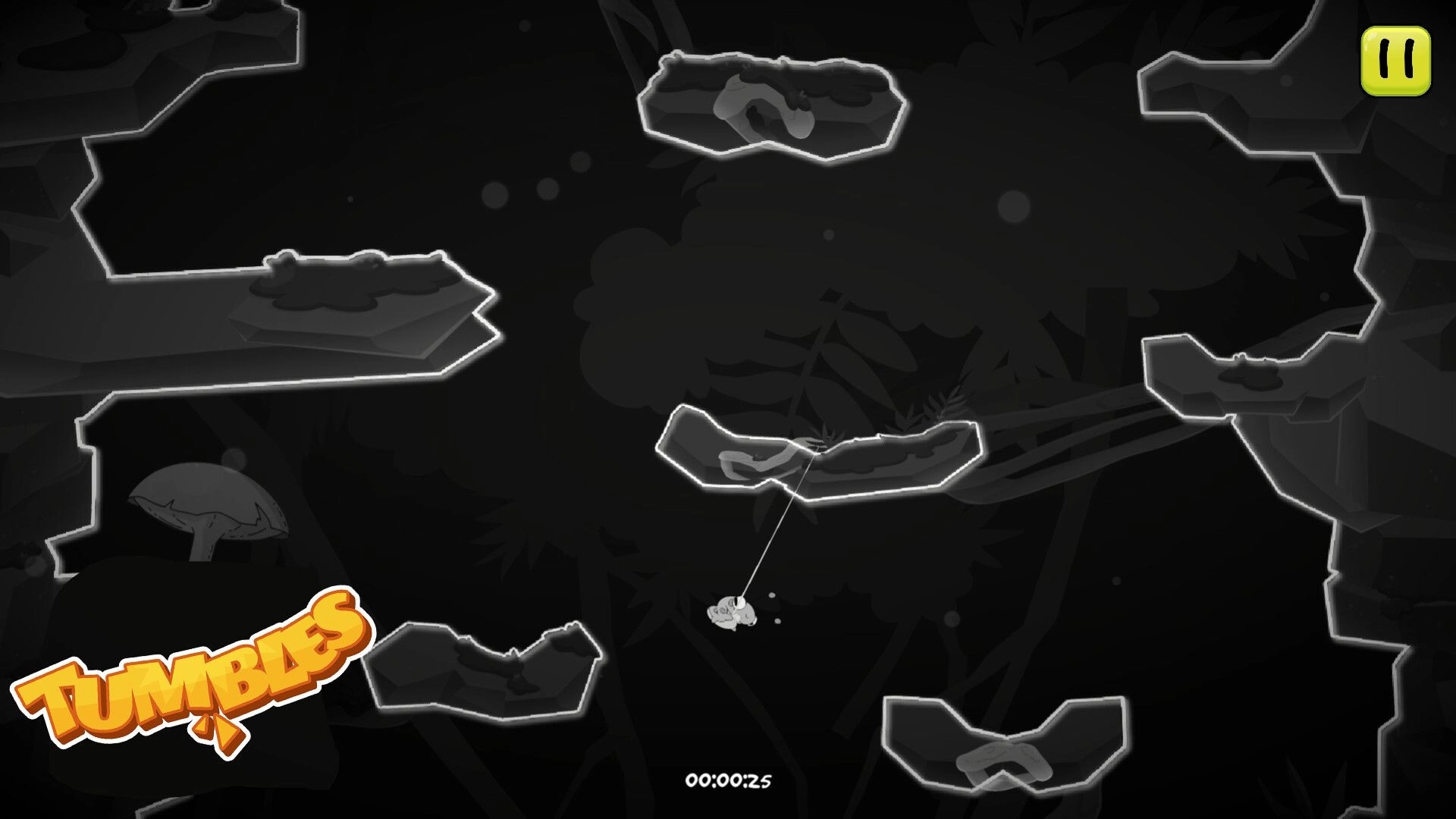 Tumbles: Caterpillar swinging on web between platforms in silhouetted rainforest setting with timer visible