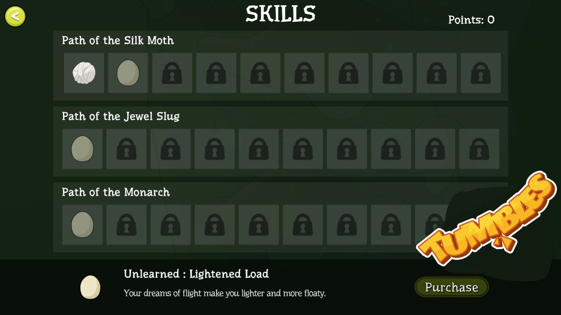Tumbles: Skills menu with paths of Silk Moth, Jewel Slug, and Monarch, showing locked abilities