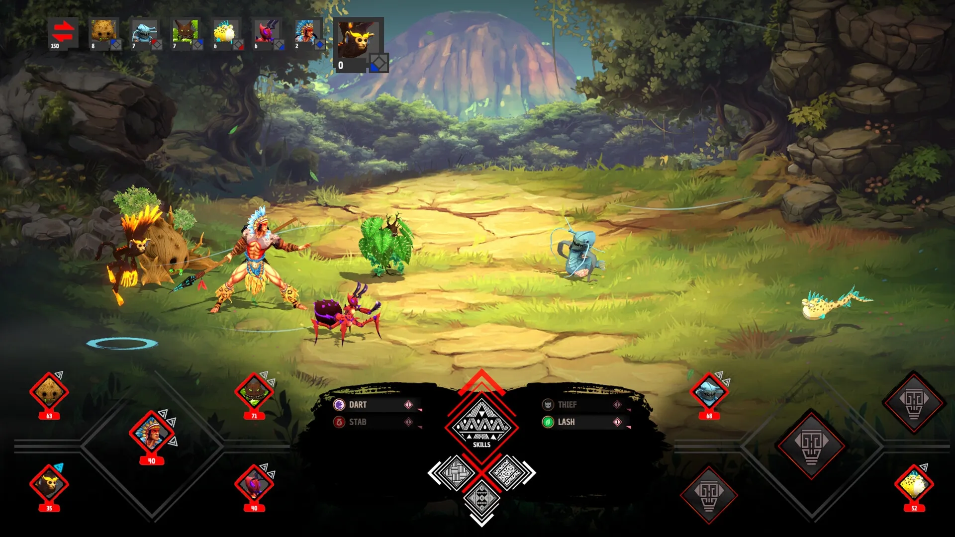 Tupi: Arariboia battles colorful creatures in a lush forest setting, skills menu open at the bottom.