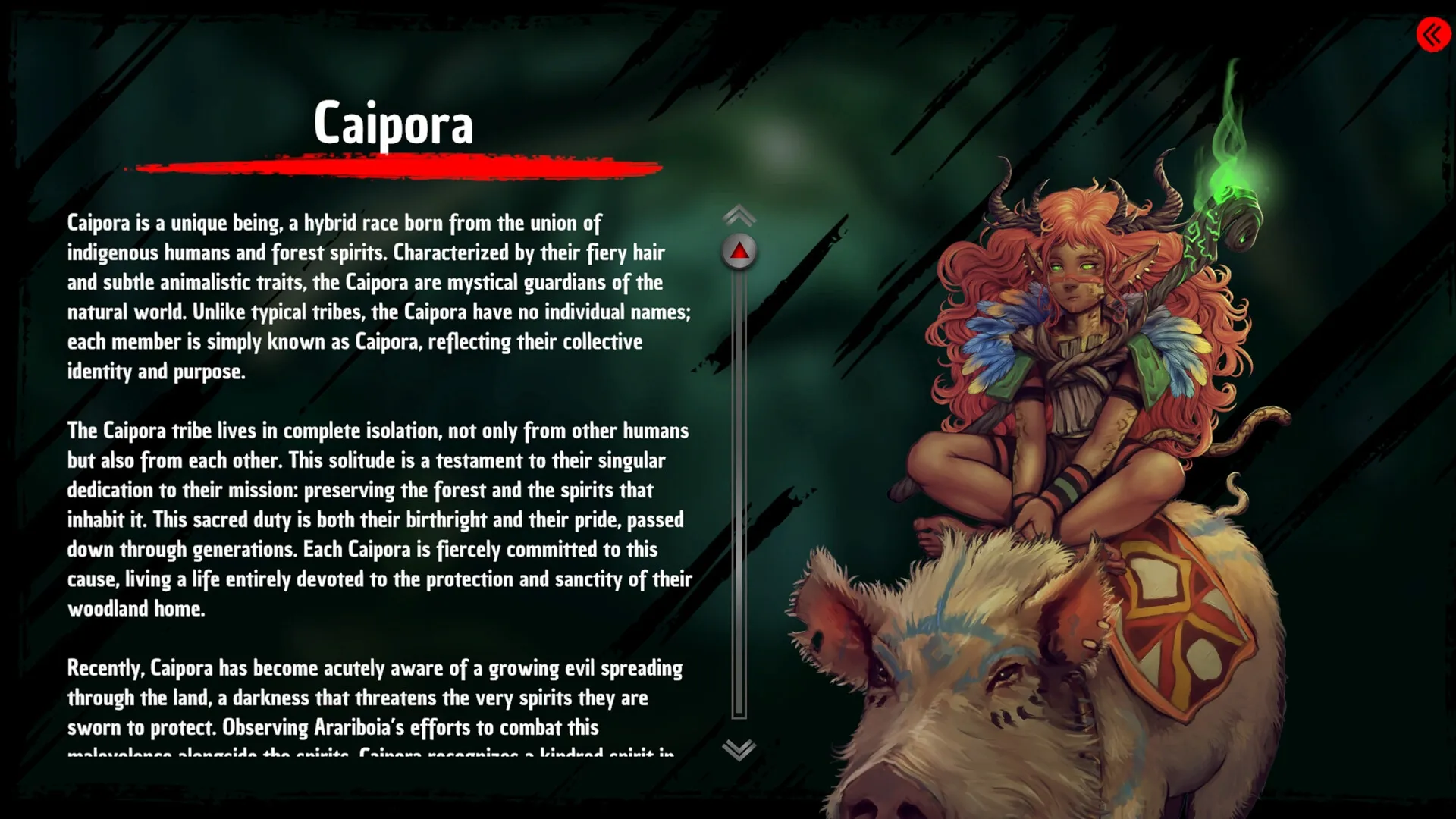 Tupi: Caipora character bio with mystical guardian description and vibrant artwork on the right.