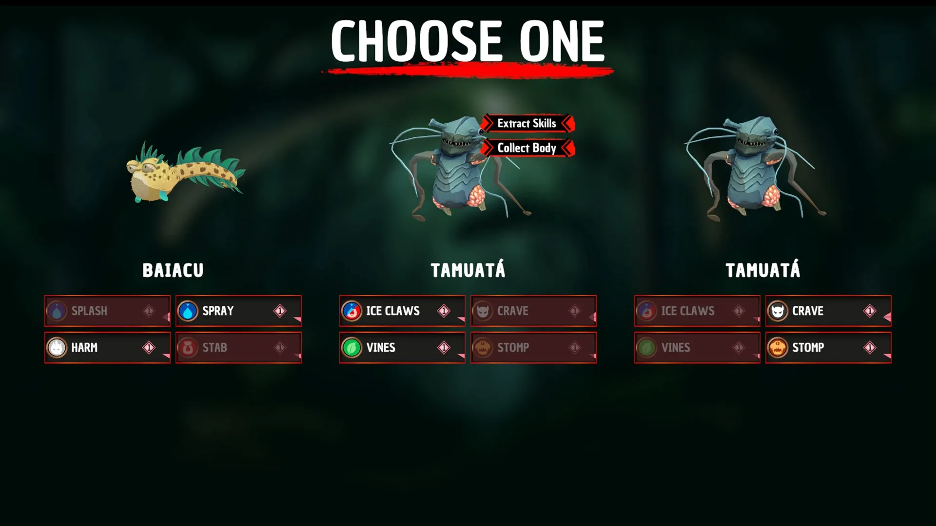 Tupi: Character selection screen showing Baicu and Tamuatá with skill options in darkened background.