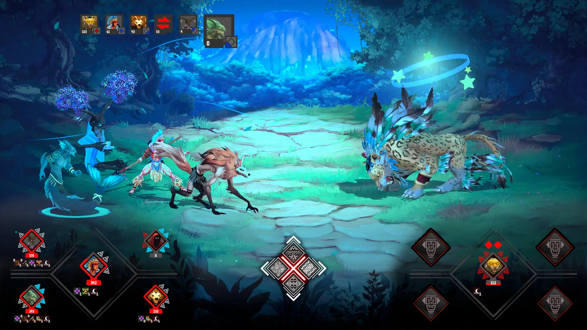Tupi: Turn-based battle with Arariboia and allies facing a jaguar in a lush forest setting