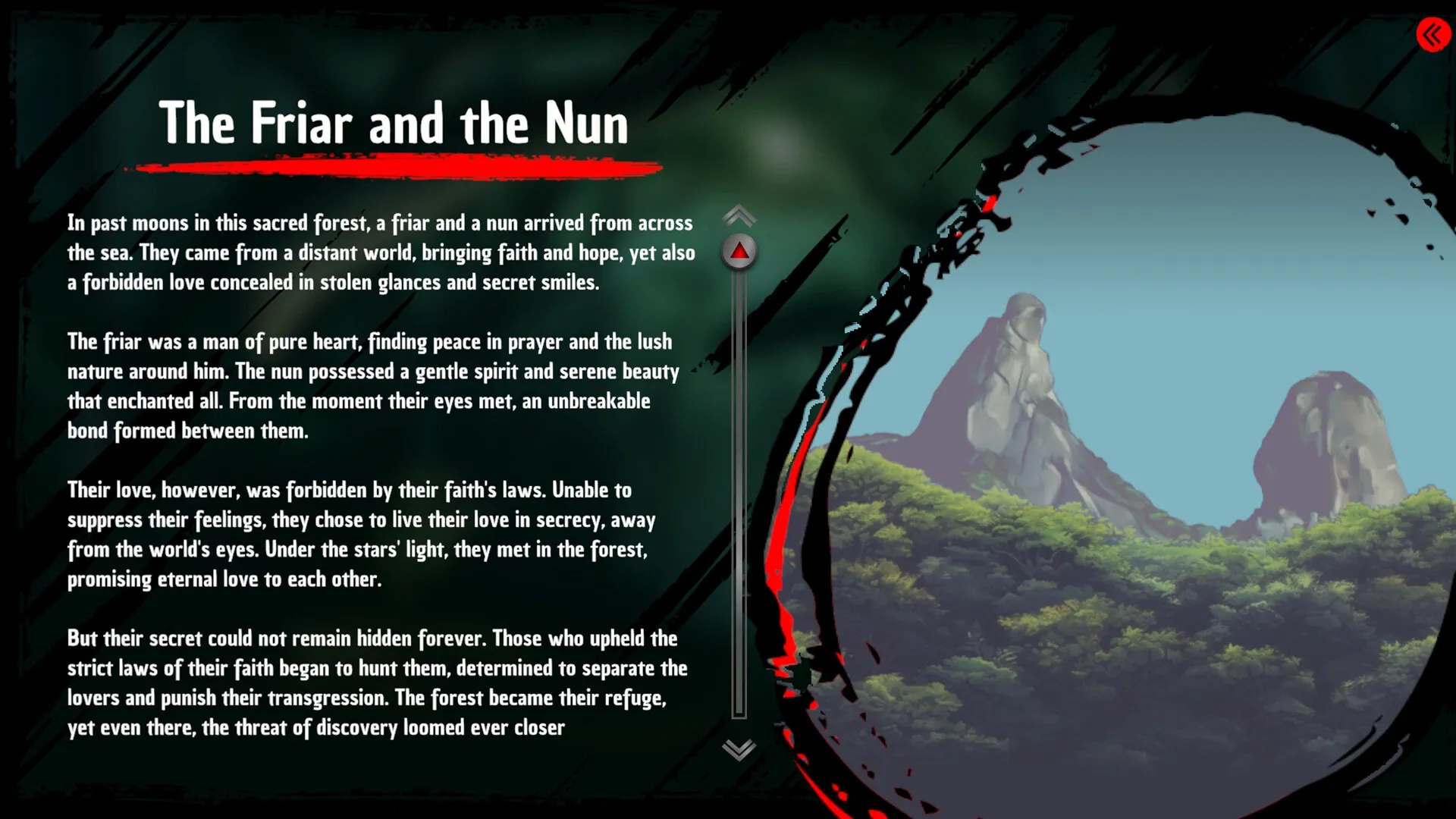 Tupi: Story text about a friar and nun in a sacred forest with rocky landscape in the background.