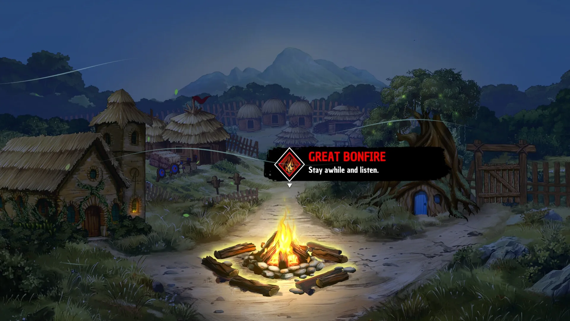 Tupi: Bonfire in a forest village at night with huts, glowing paths, and "Great Bonfire" UI prompt.